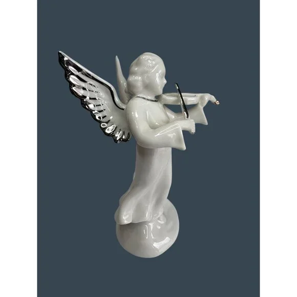 German Dresden Heavenly Band Porcelain Angel Violin Figurine Platinum Trim 5" - Picture 6 of 7